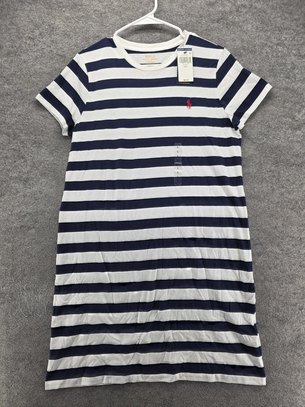 Polo Ralph Lauren Dress Womens L Blue Striped T-Shirt Short Jersey Logo Cotton